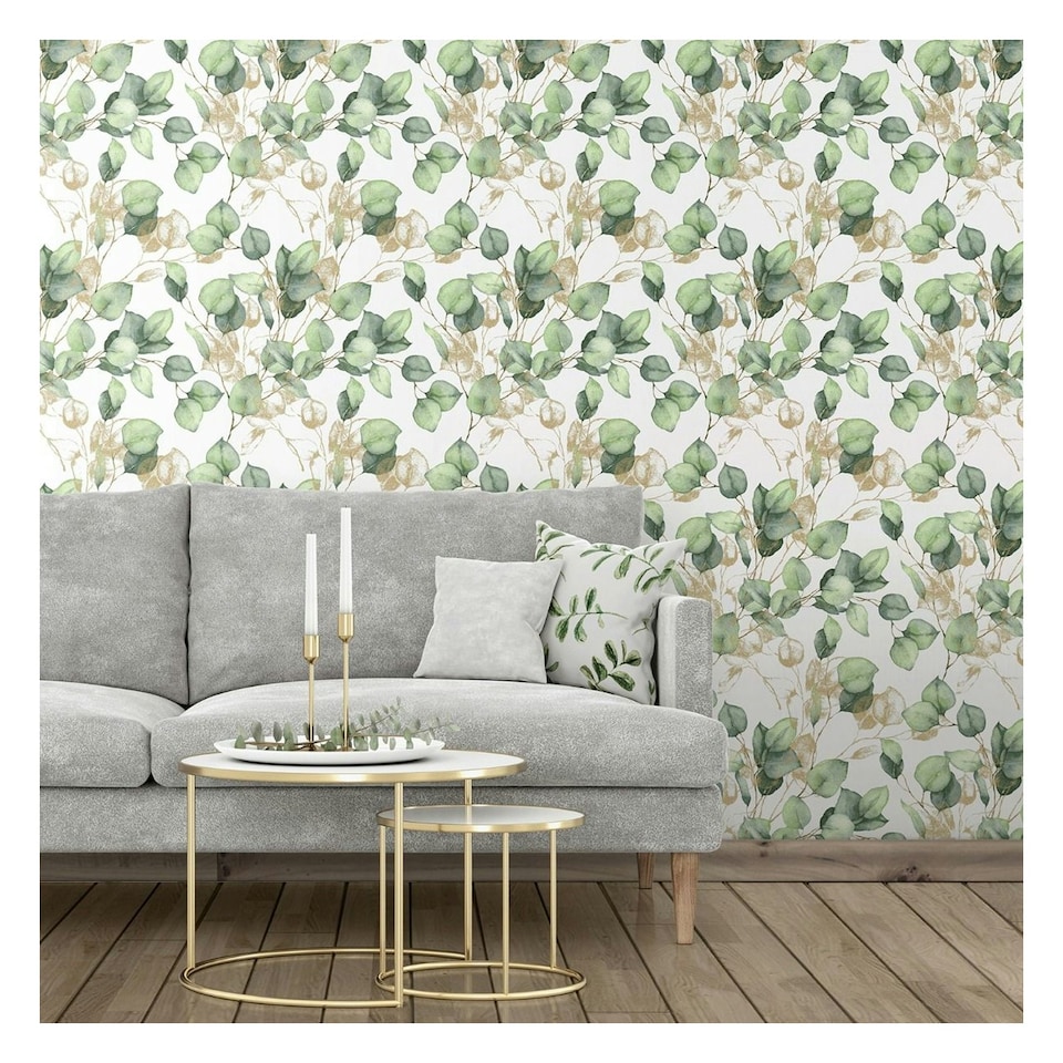 image 1 of World of Wallpaper Eucalyptus Wallpaper - Green/Gold - 10m x 53cm Green