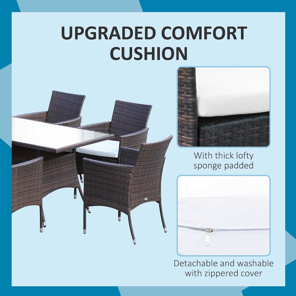 image 1 of Outsunny 7 Piece Rattan Garden Furniture Set with Cushions, 6 Seater Garden Table and Chairs, Rattan Dining Set with 6 Armchairs, Rectangular Glass Top Table, Brown