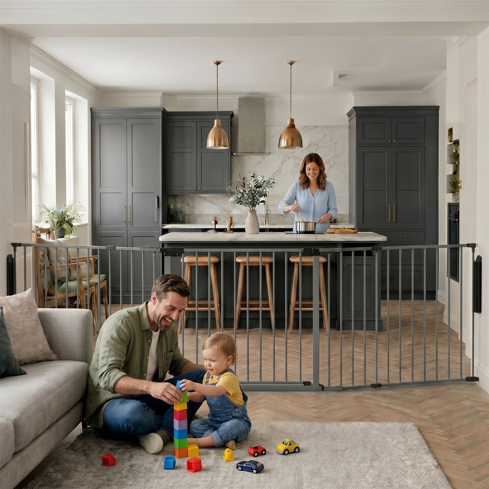 image 1 of Safetots Premium Multi Panel Room Divider, up to 181cm Wide, Grey, 70cm Tall, Flexible Barrier with Door for Baby and Toddler | Grey