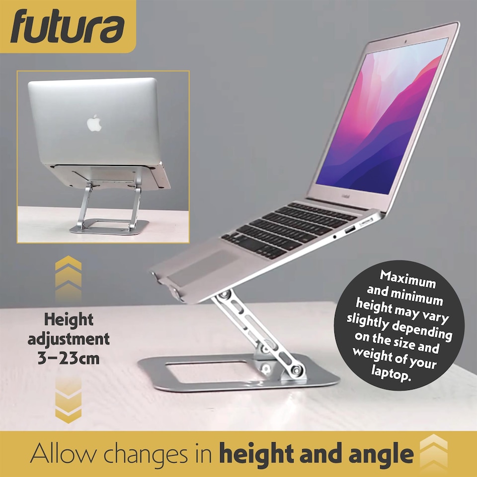 image 1 of Futura Laptop Stand Adjustable Portable Riser, Silver Foldable Aluminium Holder for MacBook AirPro and 11 to 17 inch Laptops | Silver | Silver | One Size | 1