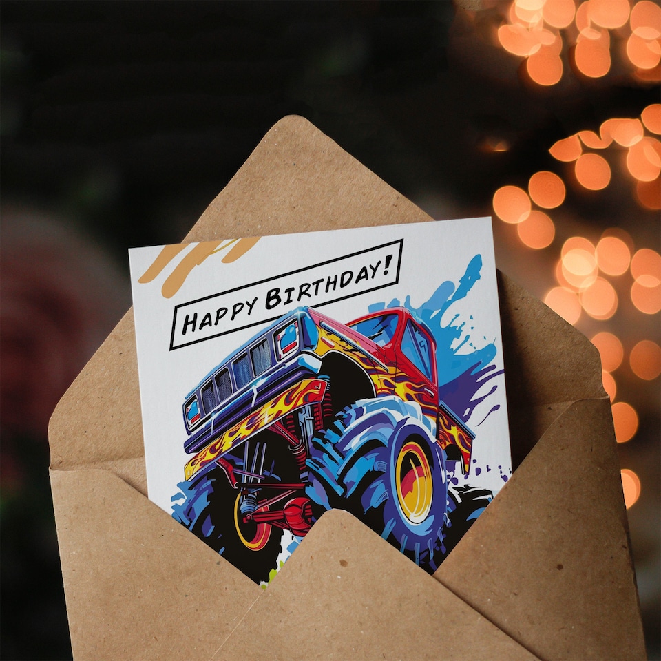 image 1 of Large Monster Truck With Flames Colourful Design Birthday Card