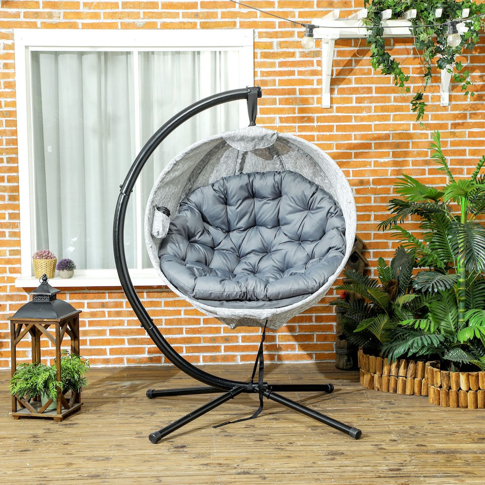 image 1 of Outsunny Hanging Egg Chair Outdoor Indoor Garden Swing Chair with Folding Basket, Thickened Cushion, Cup Holder for Patio, Balcony, Grey | Grey | Grey