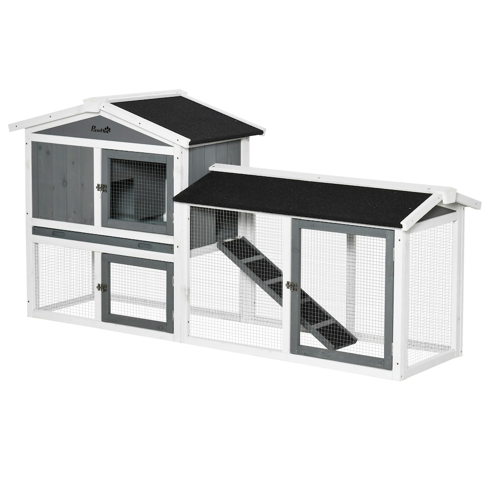 image 1 of PawHut Rabbit Hutch, 2-Tier Wooden Animal House w/ Run Box, Ramp, White
