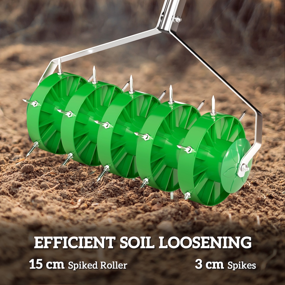 image 1 of Outsunny Rolling Lawn Aerator, Heavy Duty Garden Aerator, Manual Lawn Spike Roller with Tbar Grip and 3 Piece Detachable Handle, Outdoor Garden Lawn Tool Dark Green