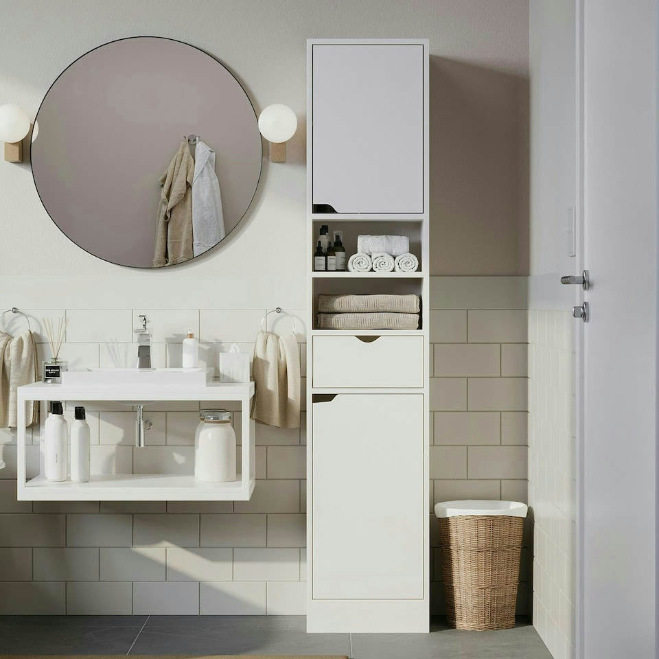 image 1 of 2 Door 1 Drawer Bathroom Cabinet | White | Oak / Oak