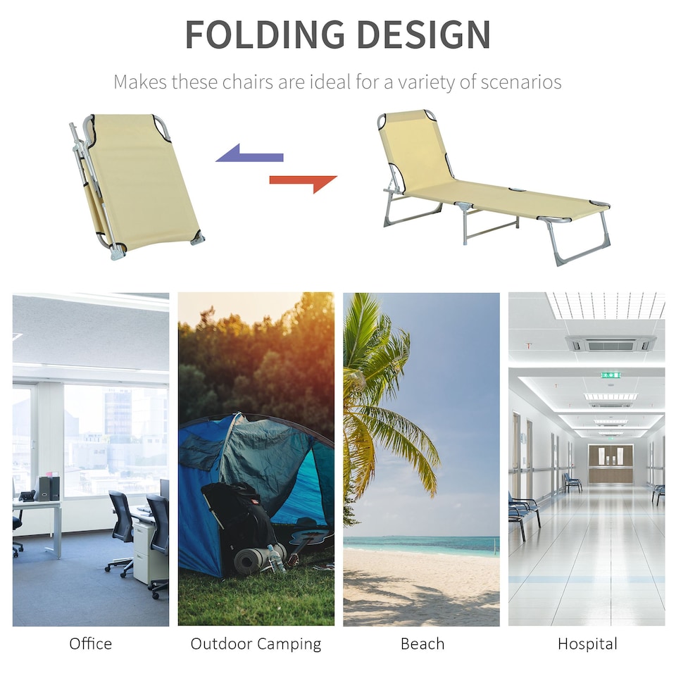 image 1 of Outsunny Camping Cot Picnic Sun Lounger Portable Folding Chaise Chair Patio | White | Beige