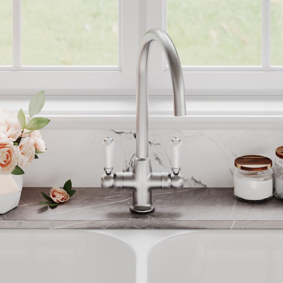 image 1 of Traditional Kitchen Sink Mono Mixer Tap, Brushed Nickel White Lever | Silver | Brushed Nickel | 1