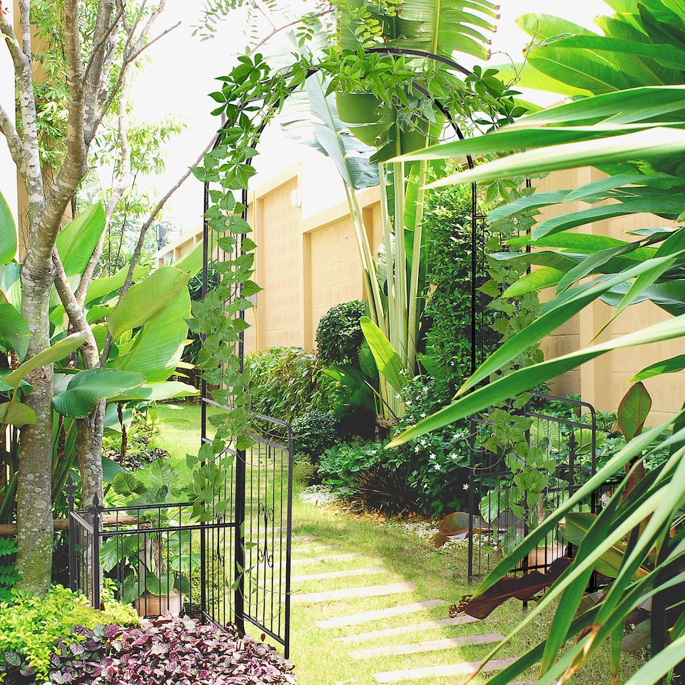 image 1 of Outsunny Metal Garden Arbor Arch Gate w/ 2 Side Planter Boxes & Vine Frame | Black