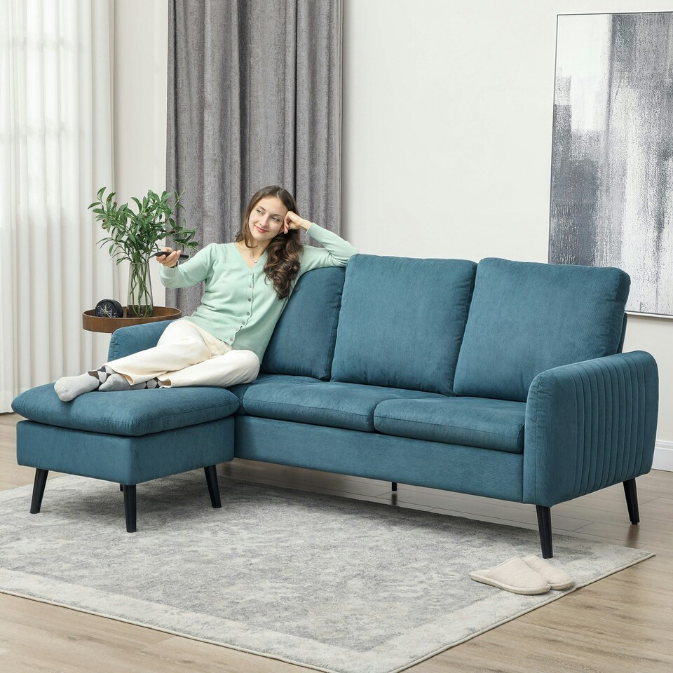 image 1 of HOMCOM 3 Seater Corner Sofa Couch Settee with Chaise Lounge, Blue 