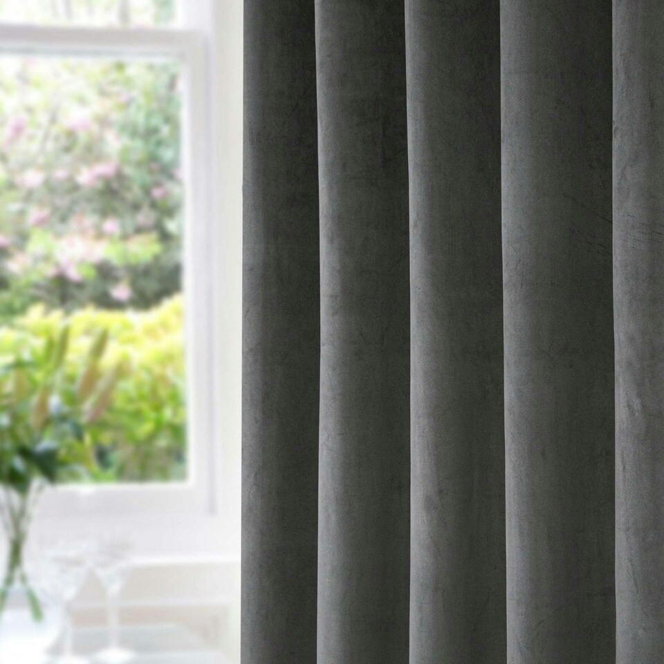 image 1 of Homescapes Thermal 100% Blackout Grey Velvet Curtains - 66 x 72" Grey