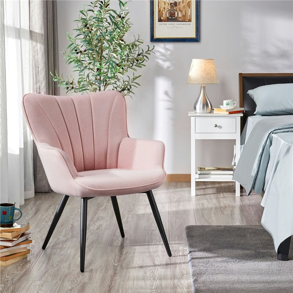 image 1 of Yaheetech Modern Pleated Curved Back Fabric Accent Chair Pink