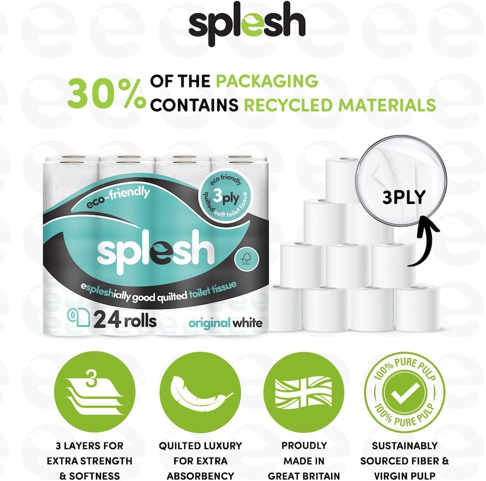 image 1 of Splesh Toilet Paper Original White 3-Ply 24 Rolls with 3in1 Dishwasher Tablets 150W
