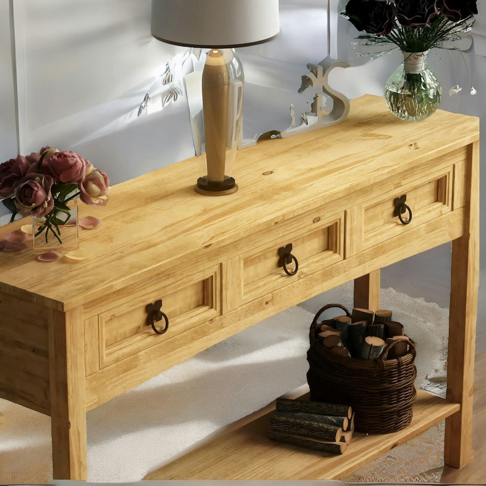 image 1 of Pine Hallway Console Table With 2 Drawers Brown Brown