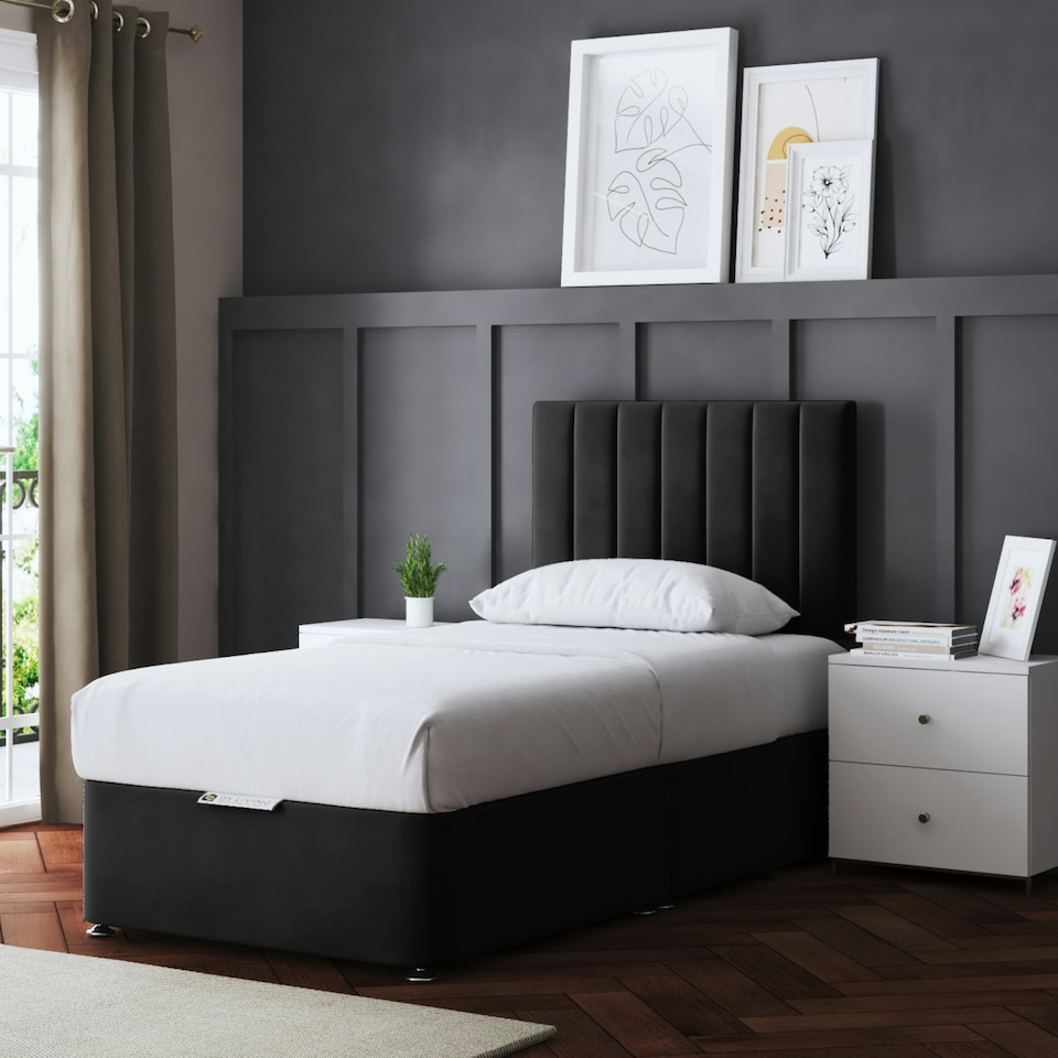 image 1 of Amelia Divan Bed with Upholstered Headboard - Two Drawers - Black - Single