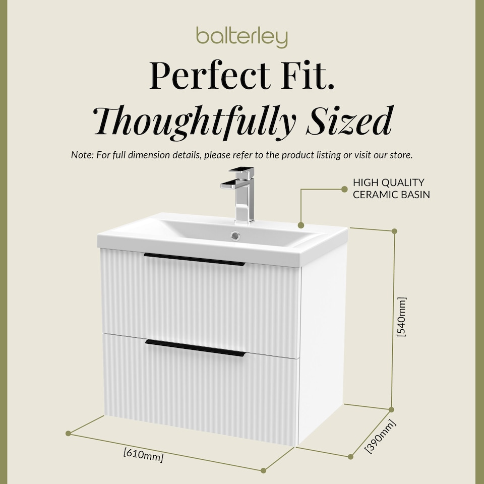 image 1 of Balterley Fluted Front Wall Hung 2-Drawer Bathroom Vanity Unit with 1 Tap Hole Basin, Handles | White | Satin White