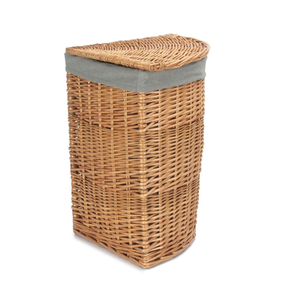 image 1 of Small Light Steamed Corner Linen Basket with Grey Sage Lining | Grey | Grey
