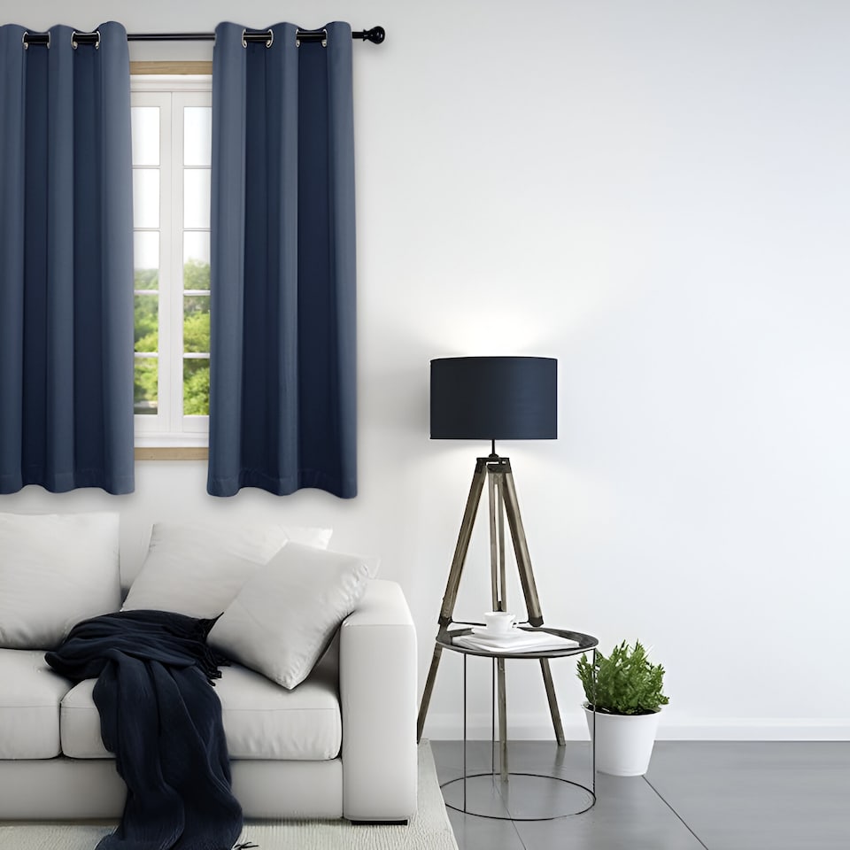 image 1 of Cobalt Dusty Blue Blackout Thermal Eyelet Curtains - 46 x 63 Inch Drop - 2 Panel | Blue | One Size