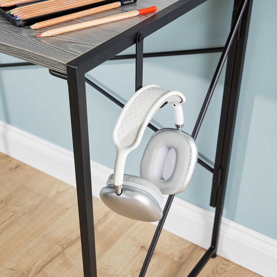 image 1 of Folding Compact Desk Storage Hook Wood Metal Office Computer Table Workstation | Grey