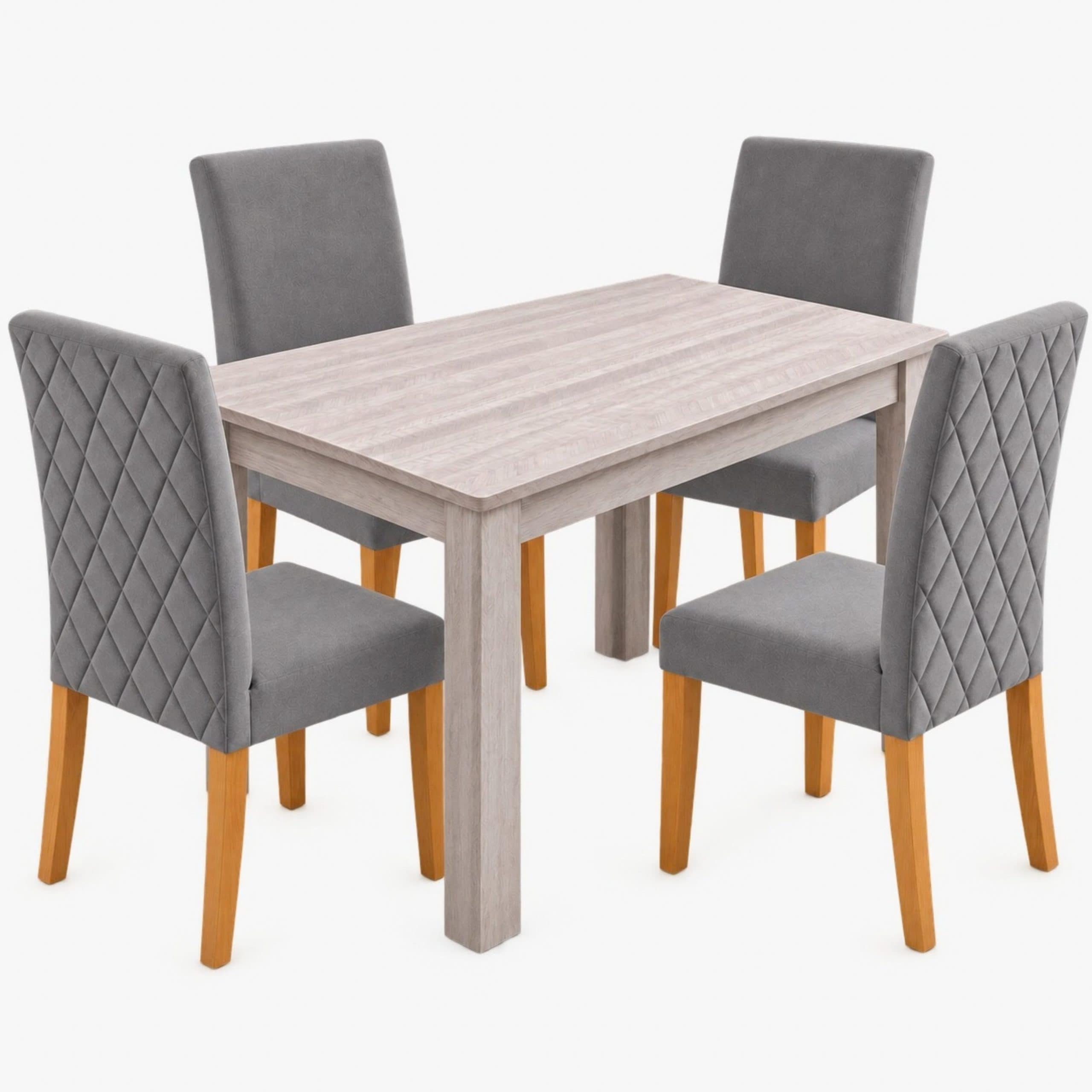 Grey Diamond Stitch Velvet Dining Chairs with Wooden Legs and Arrow Grey Table 4 Seater Set