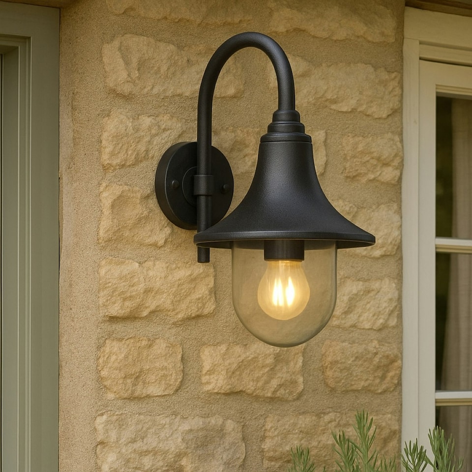image 1 of CGC DINAH Black Traditional Curved Hooked Outdoor Wall Lantern Black