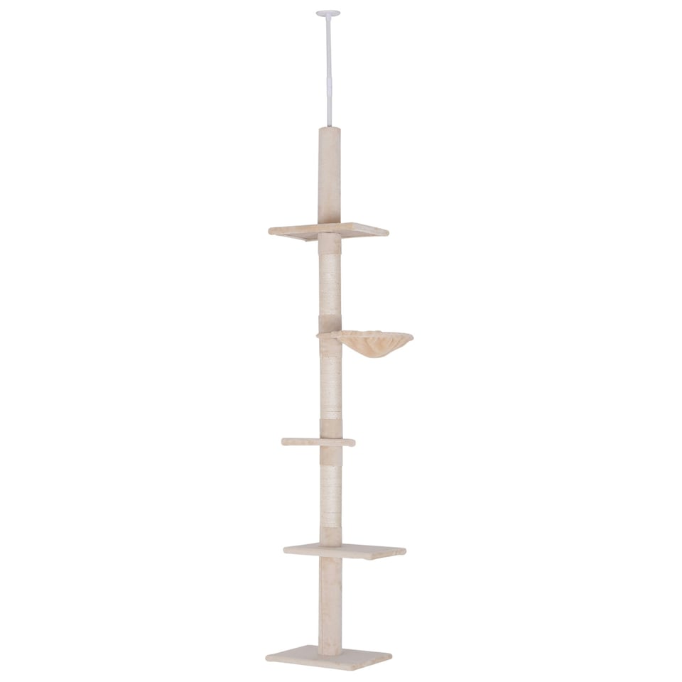 image 1 of PawHut Floor to Ceiling Cat Tree 5-Tier Climbing Tower Scratching Post Beige