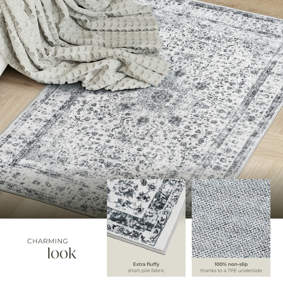 image 1 of Washable Rug Aliya - different sizes, oriental pattern, non-slip underside, non-allergenic short pile Grey | 110 x 60 cm