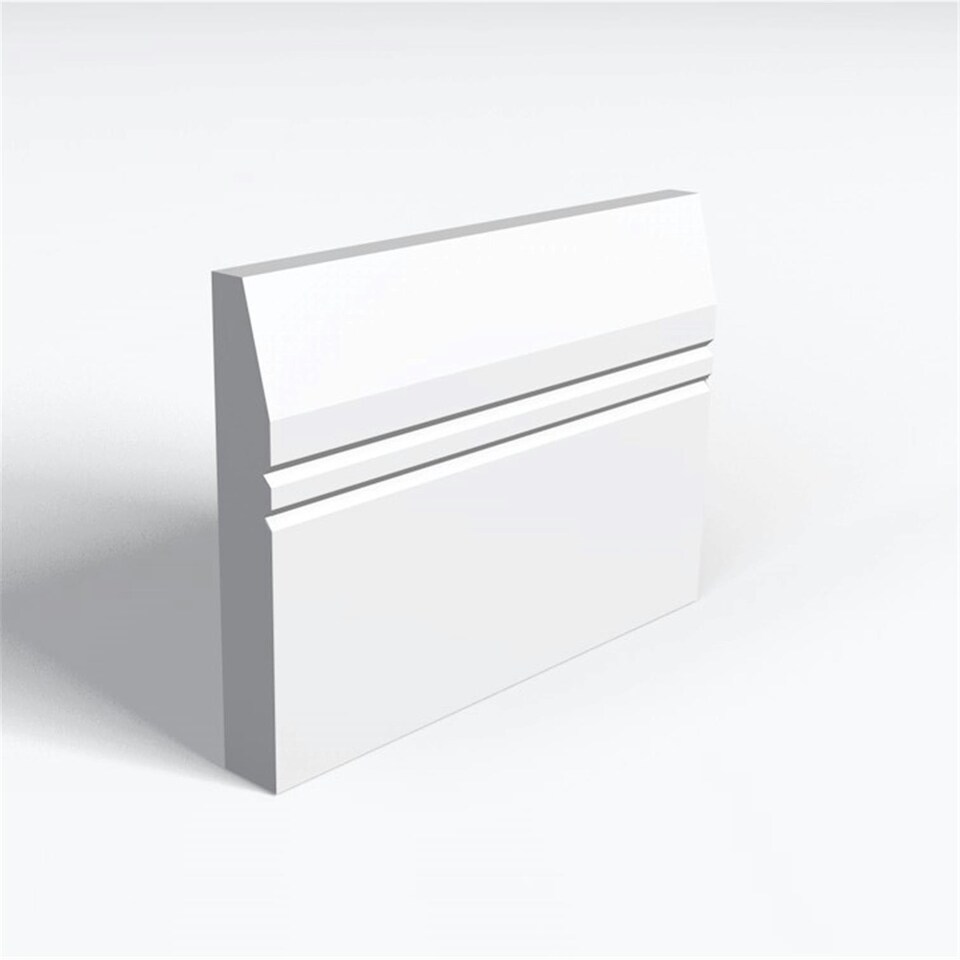 Pack of 15 (Total 15 Units) - MR MDF Primed Splay & 2 V Grooves Skirting Board & Rebate - 18mm (T) x 69mm (H) x 3050mm (L)