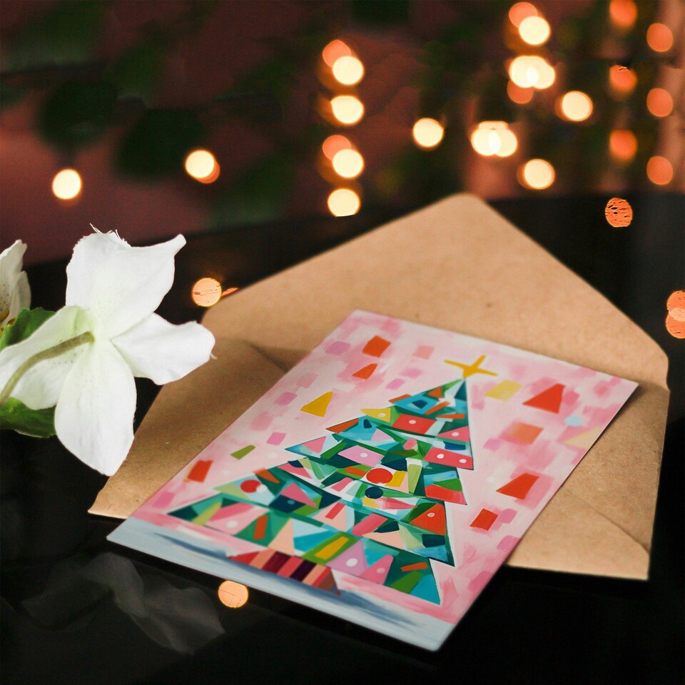 image 1 of Colourful Abstract Geometric Tree Painting Xmas Blank Christmas Card