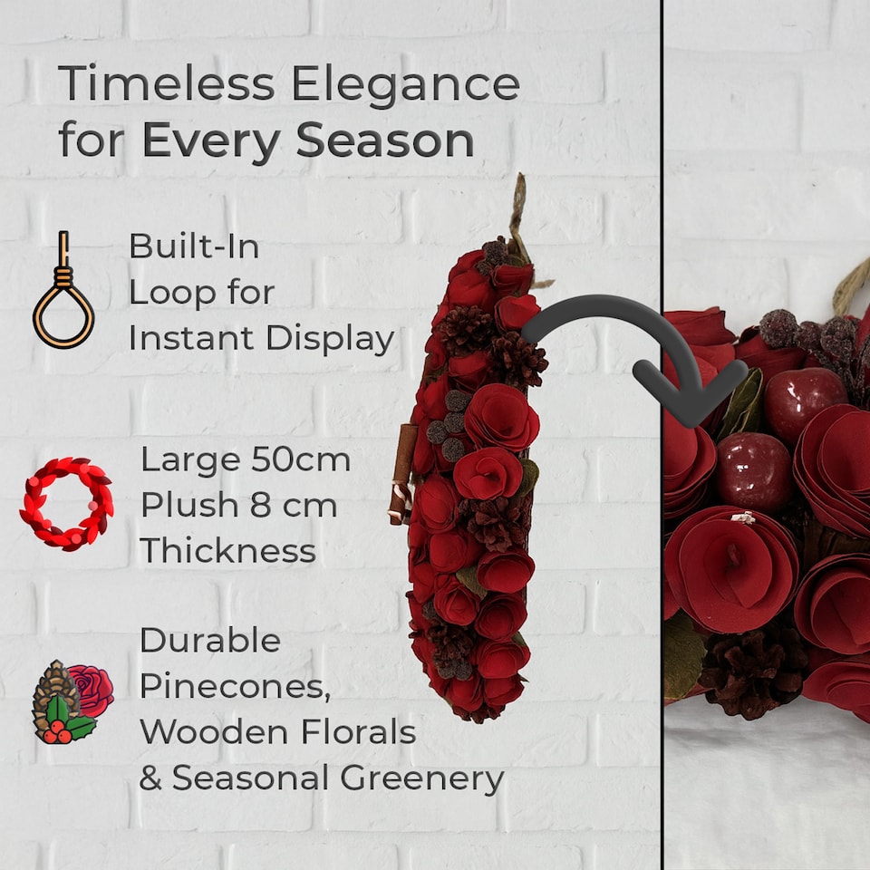 image 1 of Neo Luxury Extra Large Red Rose Wreath 50cm Home Artificial Christmas Festive Front Door Decoration | Red | Red