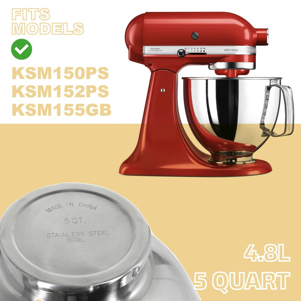 image 1 of SPARES2GO Bowl for KITCHENAID Mixer 4.8L K5THSBP Stainless Steel Tilt-Head K45SS KSM1 KSM9