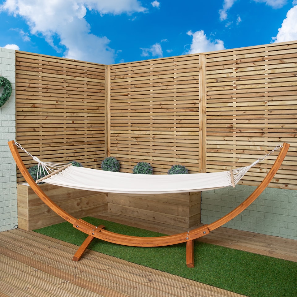 image 1 of 3.10m x 1.2m Palermo Freestanding Garden Hammock with Larch Wood Arc Stand in Cream | Multi | Cream / Brown