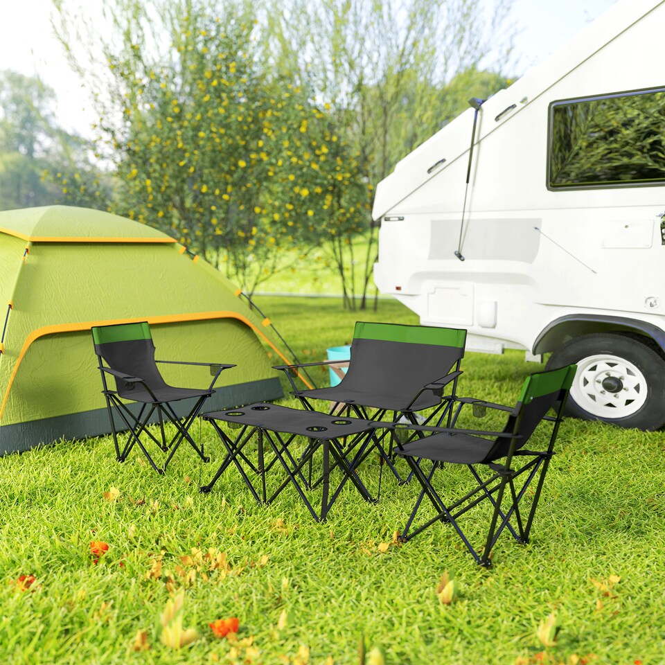 image 1 of Outsunny 4 Piece Foldable Camping Table and Chairs Set, Portable Picnic Table with 3 Chairs, Cup Holders and Carrying Bag, Outdoor Lightweight Table Set for BBQ, Picnic, Parties, Olive Green