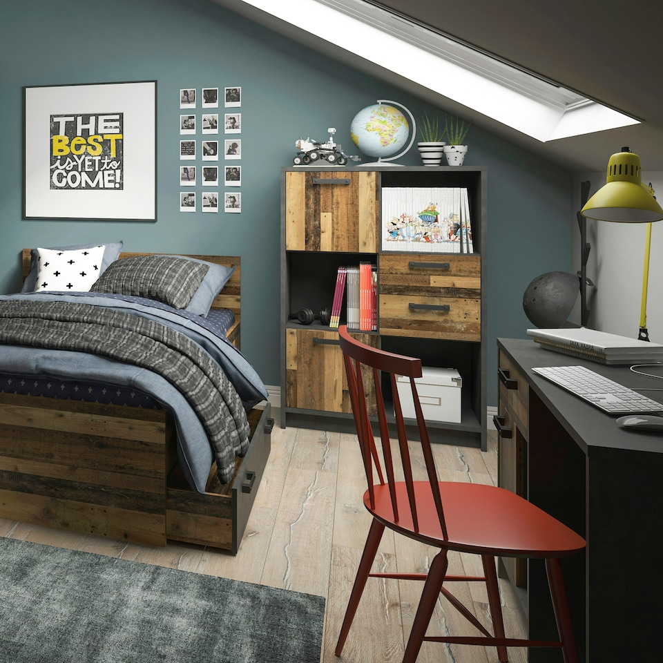 image 1 of Brooklyn Low Bookcase with 2 Doors and 2 Drawers in Walnut and Dark Matera Grey