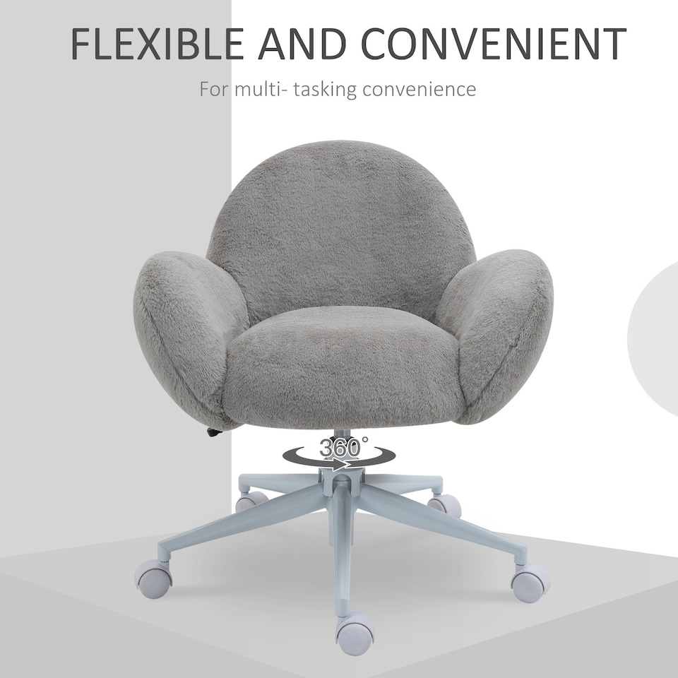 image 1 of HOMCOM Fluffy Leisure Chair Office Chair with Backrest Armrest Wheels Grey