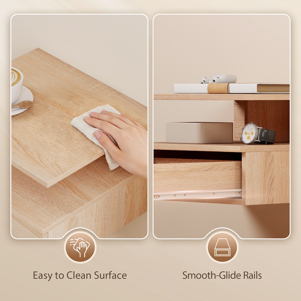 image 1 of HOMCOM Modern Nightstand Set of 2, Wall Mounted Bedside Cabinet, Oak | Brown | Oak | 35W x 32D x 22.5H cm