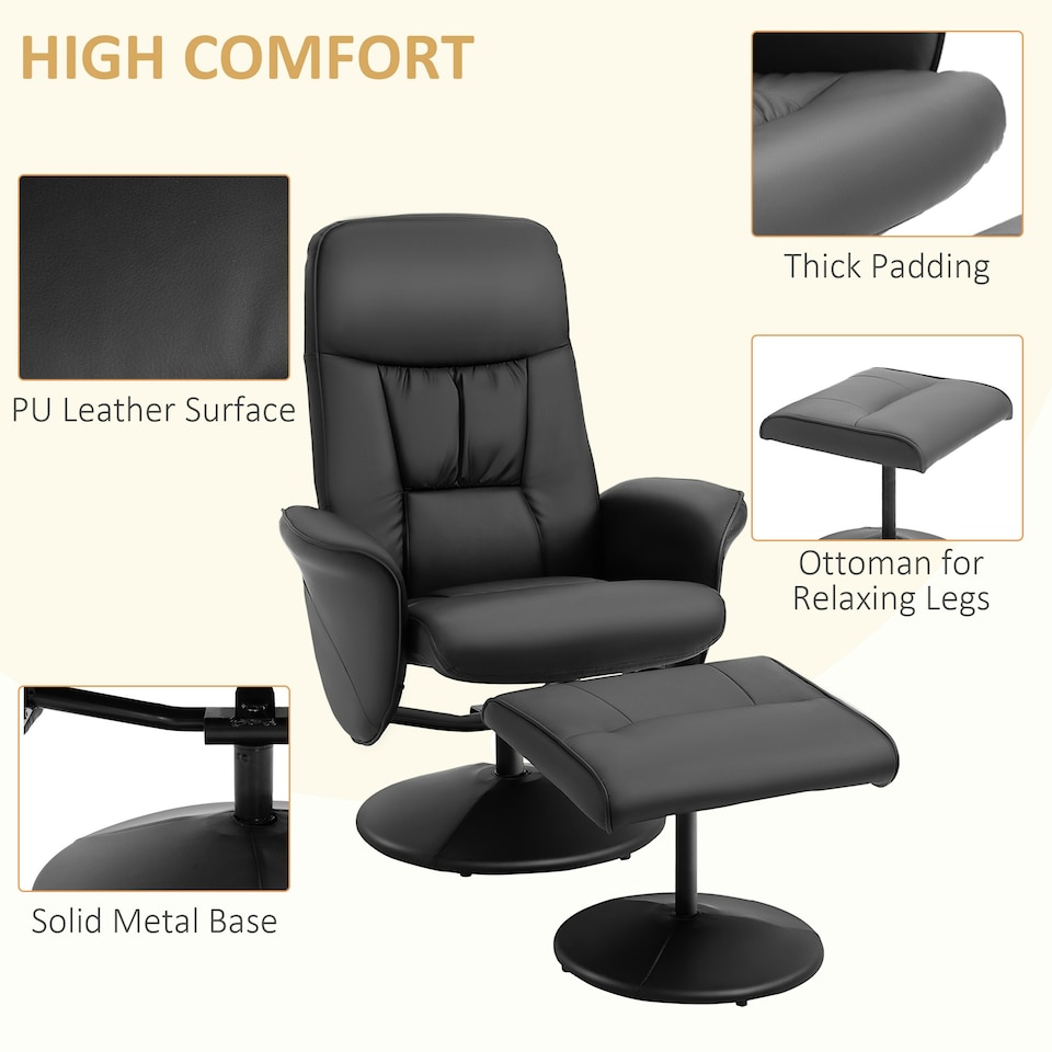 image 1 of HOMCOM PU Leather Armchair and Footrest Swivel Recliner w/ Ottoman Black