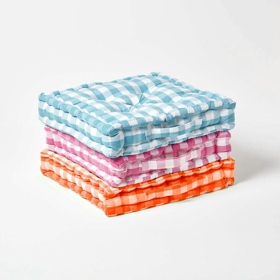 image 1 of Homescapes Orange Block Check Cotton Gingham Floor Cushion - 50 x 50 cm | Orange | 50 x 50 cm