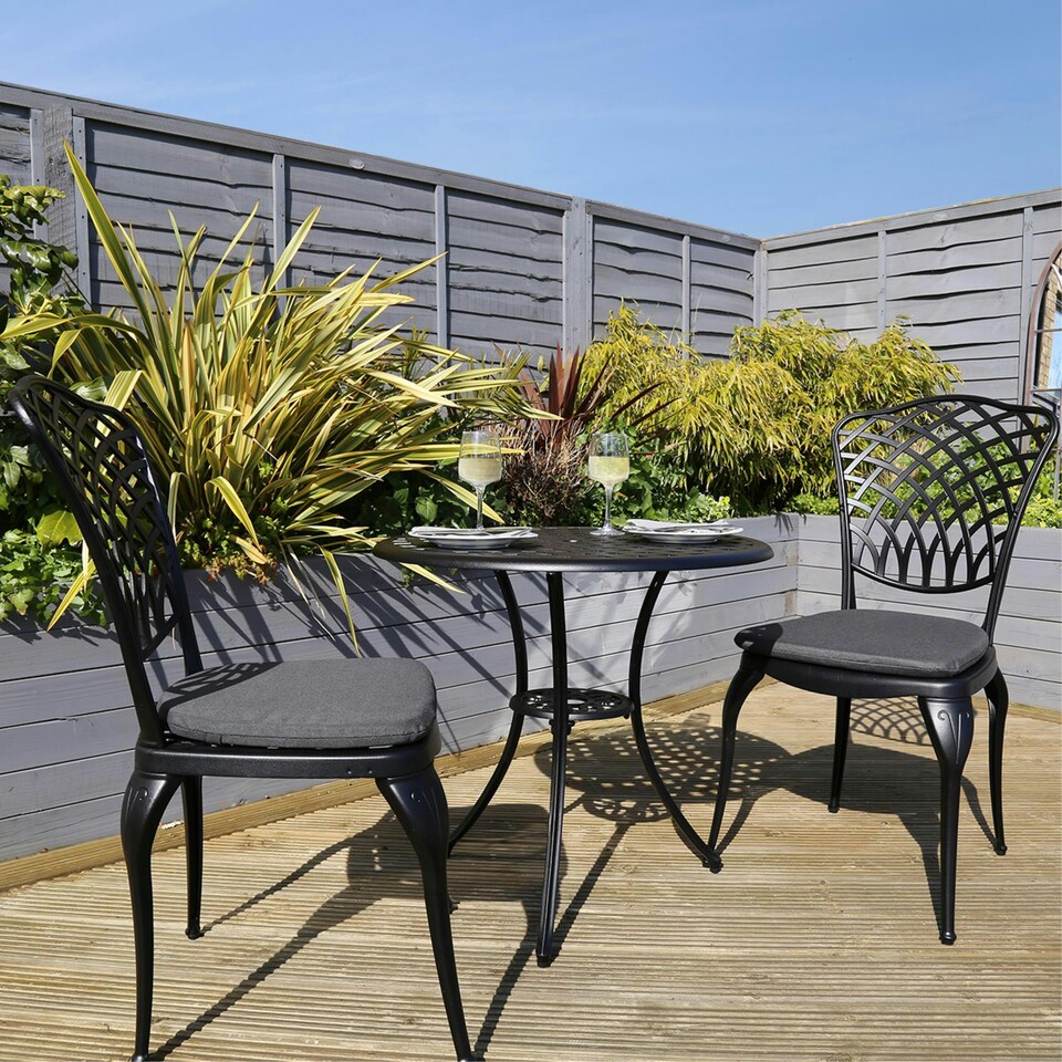 image 1 of Charles Bentley Cast Aluminium Bistro Table and 2 Chairs Set Black Outdoor Table