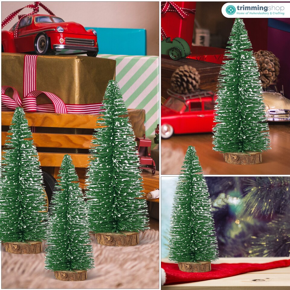 image 1 of Miniature Christmas Trees with Wooden Base for Xmas Village - 8pcs