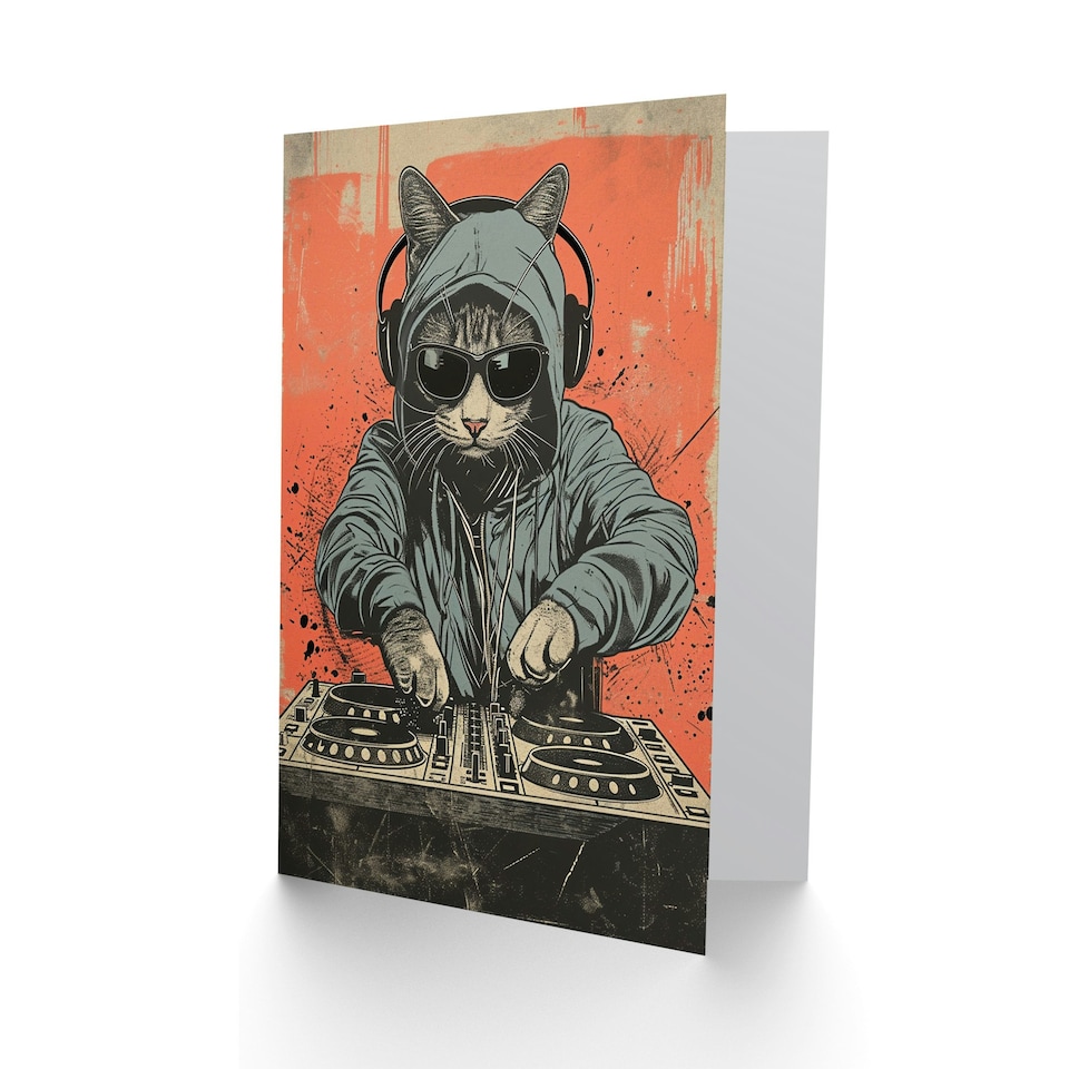 image 1 of DJ Decks Sunglasses Hoodie Headphones Cat Lover Birthday Card
