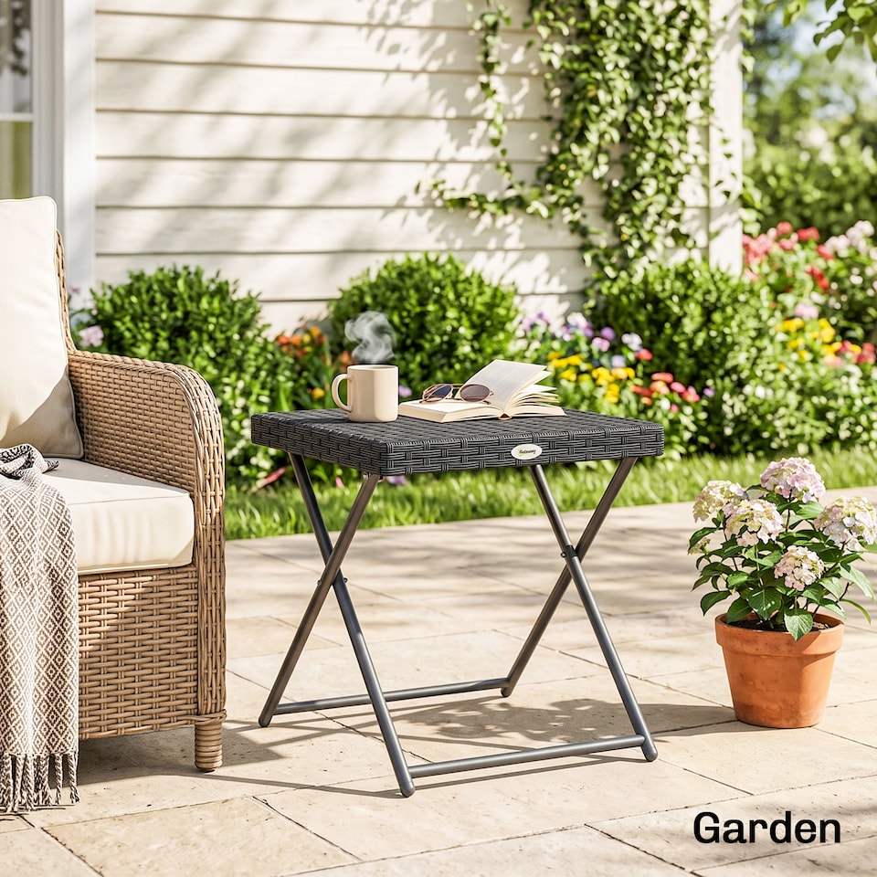image 1 of Outsunny Folding Square Rattan Coffee Table w/ Steel Frame Bistro Garden Black