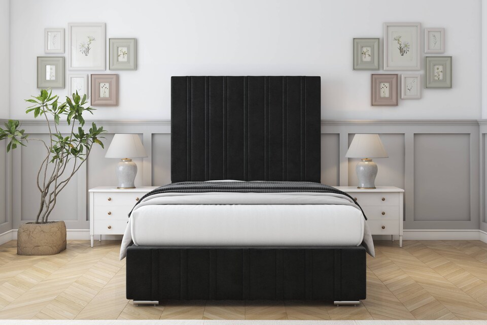 image 1 of Sloomy Langston Black Plush Bed Frame With Mattress With 50" Upholstered Headboard 5' King
