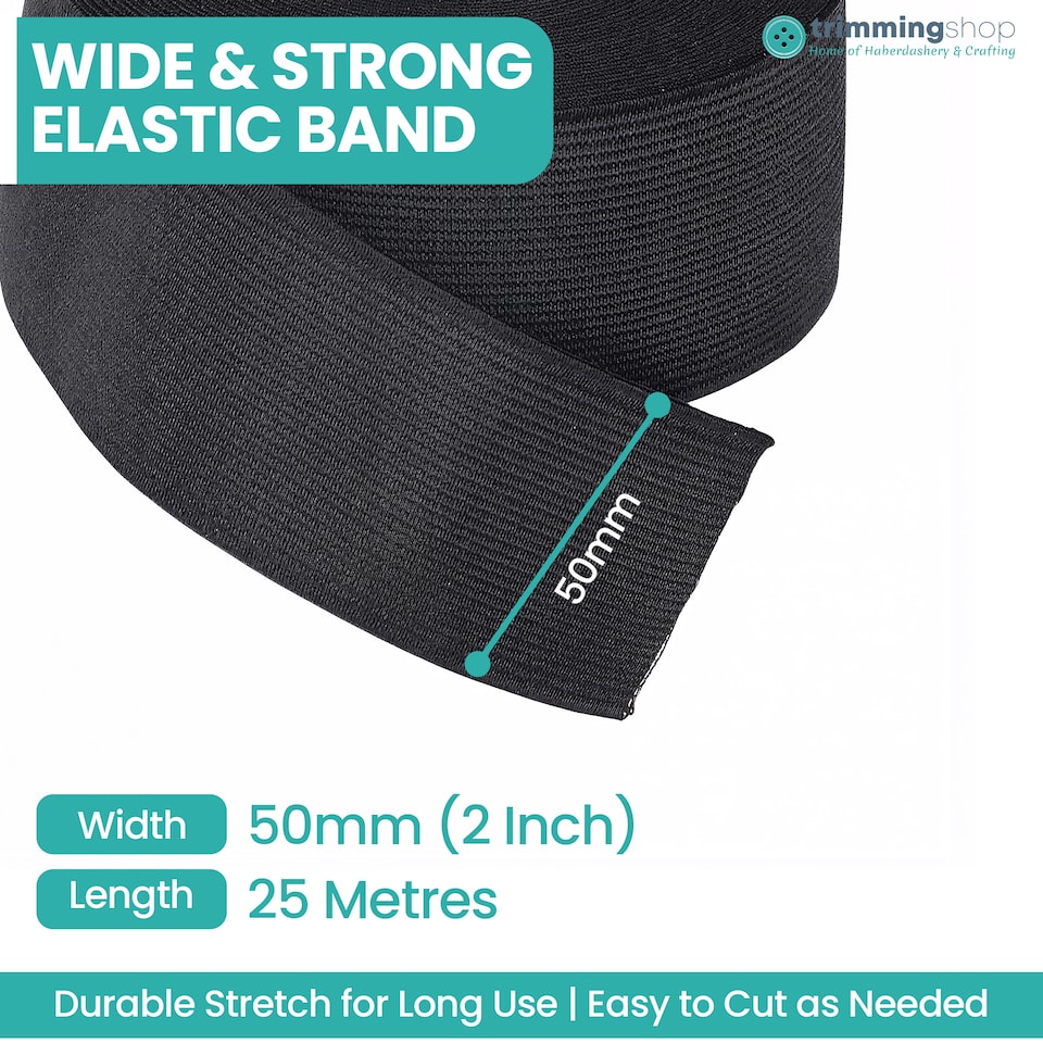 image 1 of 50mm Black Wide Flat Elastic Band, Polyester Elastic Cord - 25M