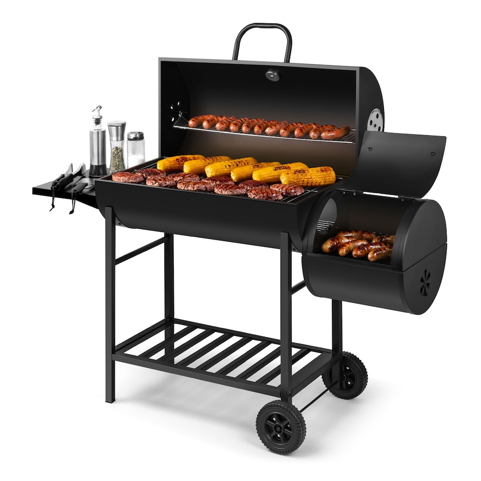 image 1 of VonHaus Charcoal BBQ, Barrel Barbecue with Offset Smoker