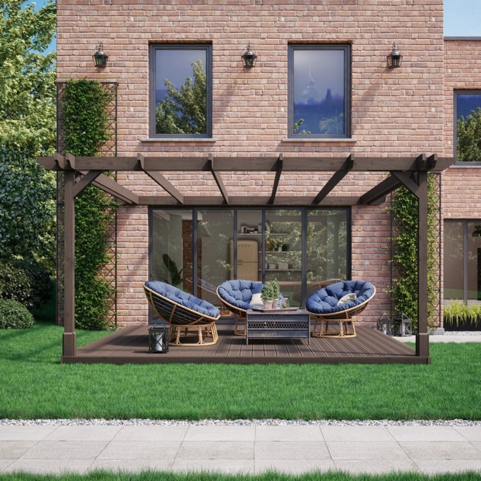 image 1 of Wall Mounted Double Premium Pergola and Decking Kit - Wood - L480 x W480 x H270 cm - Rustic Brown