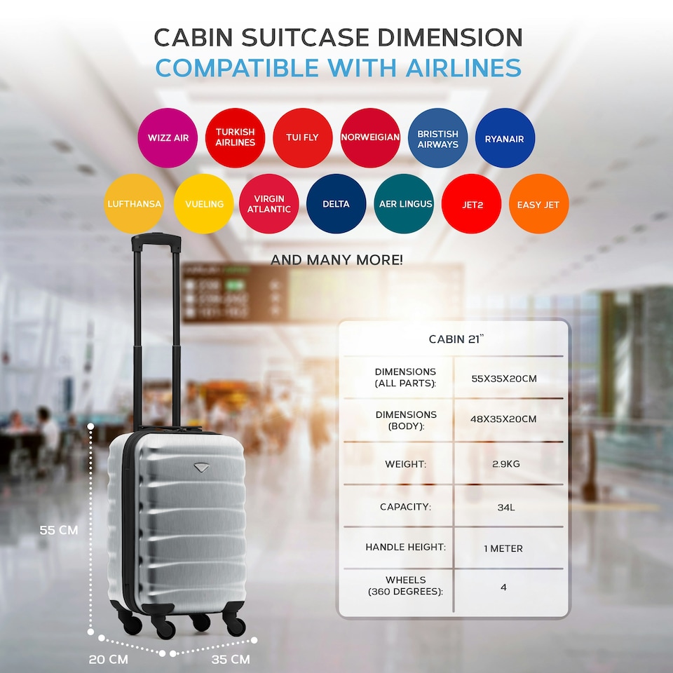 image 1 of 55x35x20cm Carry On Cabin Hard Shell Suitcase - 100+ Airlines Approved Including EasyJet (Paid), British Airways, Ryanair (Priority), TUI Chrome | Aluminium | Cabin Bag