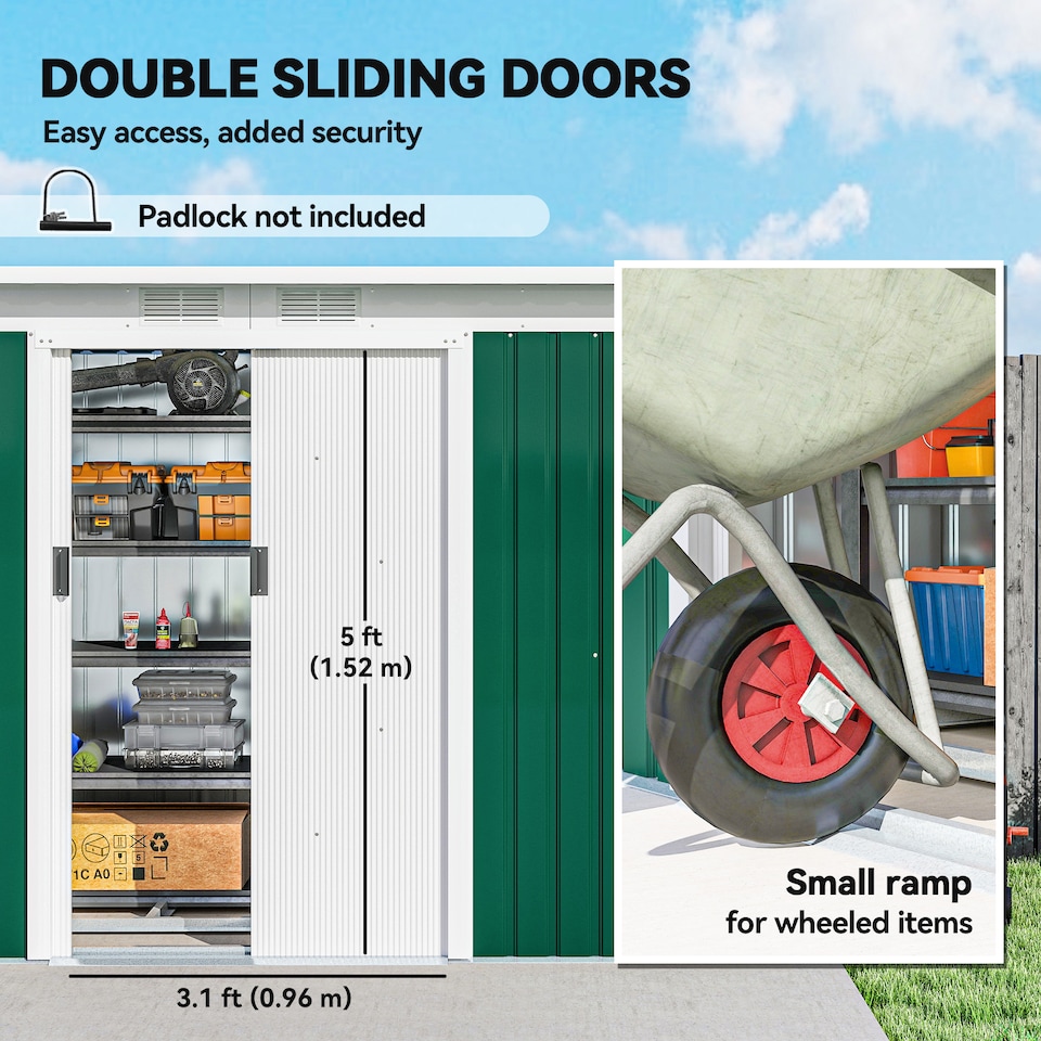 image 1 of Outsunny 9ft x 4ft Metal Garden Shed, Outdoor Tool House with Foundation Kit, Ventilations and Double Doors, Deep Green