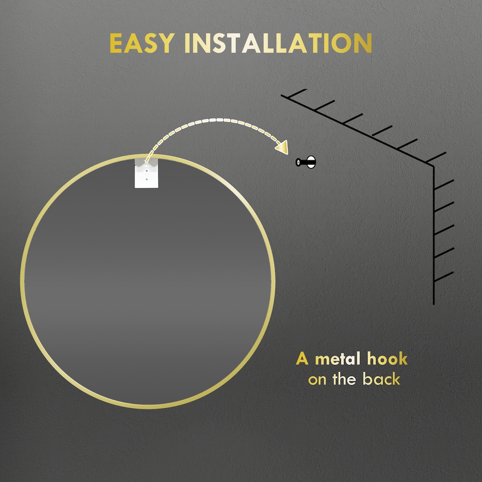 image 1 of HOMCOM Round Bathroom Mirror, Modern Wall-mounted Vanity Mirror with Aluminium Frame and Easy Install Hook for Living Room, Entryway, 60  60cm, Gold Tone