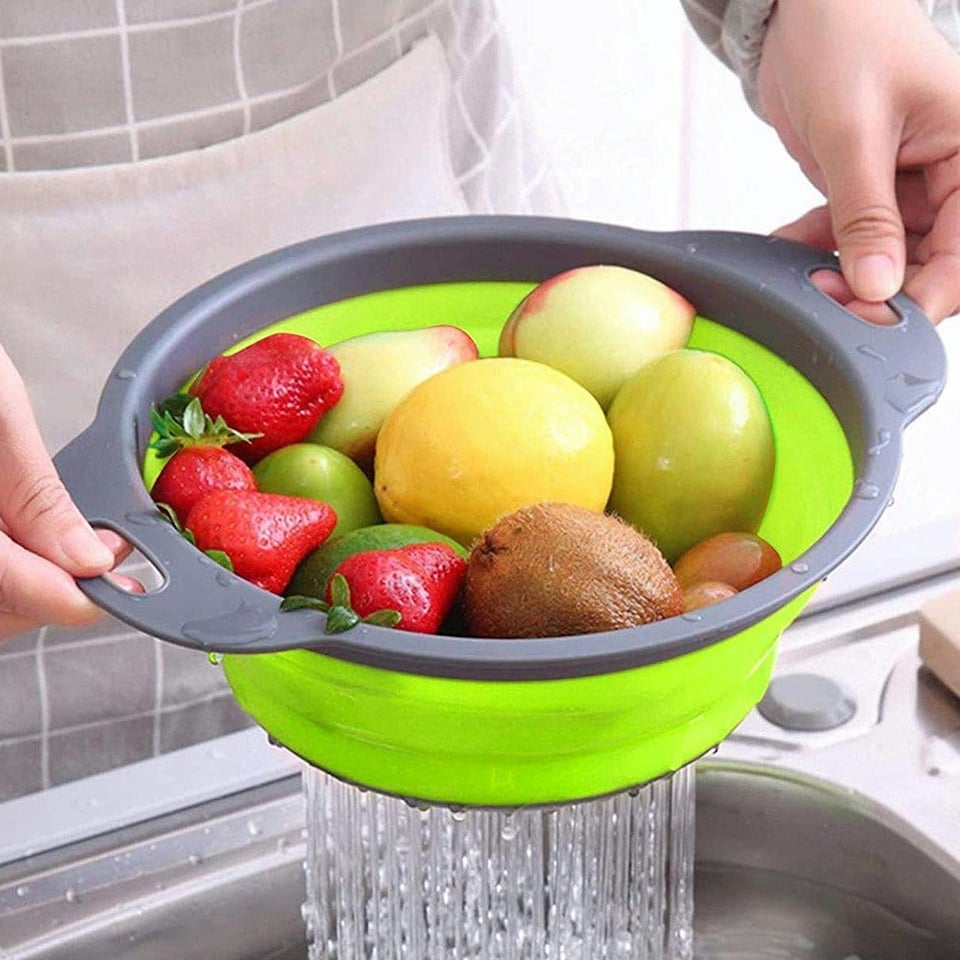 image 1 of Living and Home Collapsible Kitchen Silicone Colander Strainer Bowl