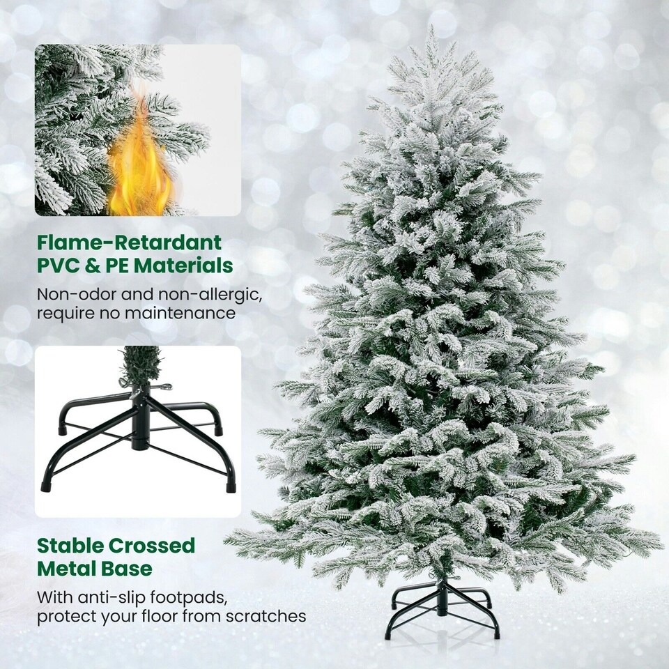 image 1 of COSTWAY 4.5FT Pre-Lit Artificial Christmas Snow-flocked Xmas Tree Green | One Size